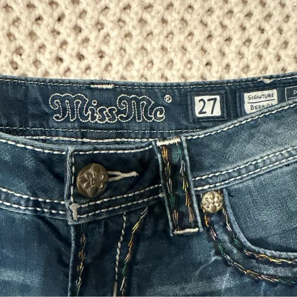Miss Me Women Cut Off Shorts sz 27 Blue Denim Bling Distressed used to be long - Image 2