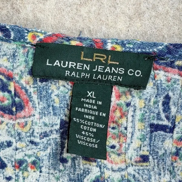Lauren Ralph Lauren Blue Paisley Henley Blouse XL‎ 3/4 Sleeve Cotton Viscose Top - Image 2