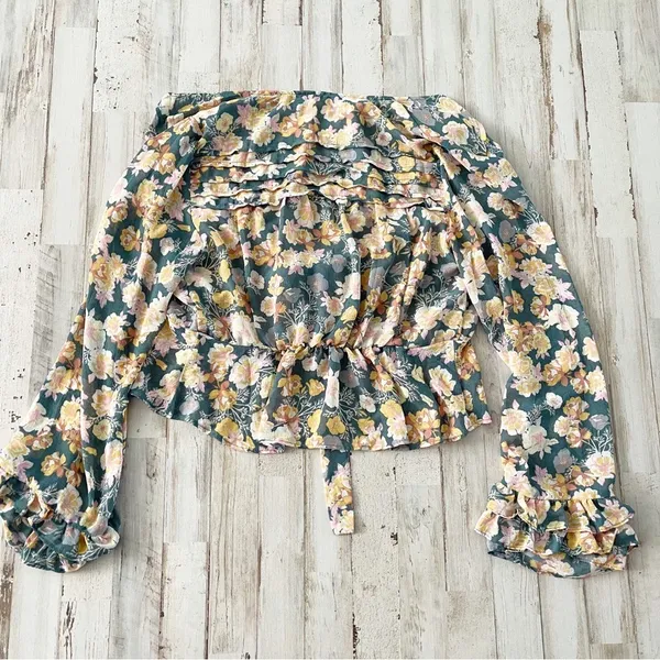 Free People Tie Ruffle Crop Top Blouse Floral Small - Image 6