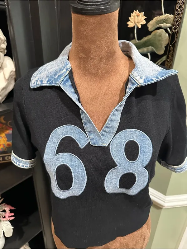 IMMODEL Denim‑Trim Cropped Jersey Top – Patch “68” – Size Large Blue - Image 2