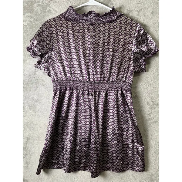 Vintage Y2K Purple Geometric Print Babydoll Top Smocked Waist Ruffle Trim Boho L - Image 4