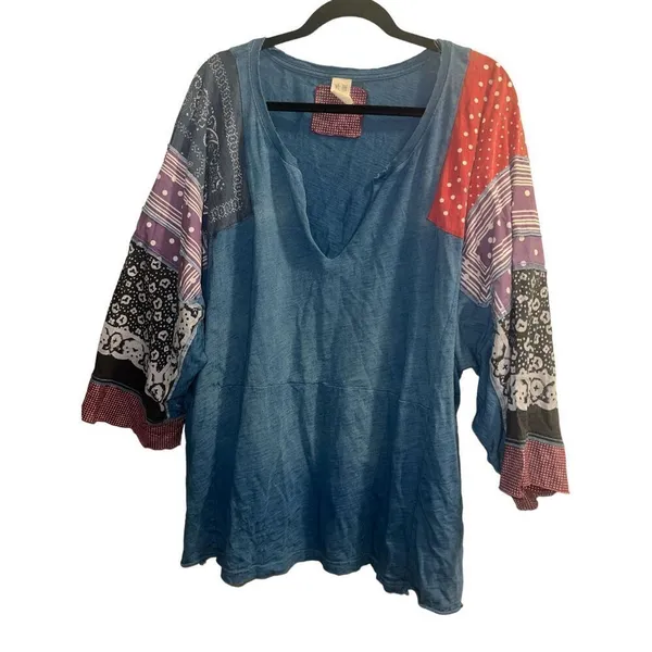 ✨FREE PEOPLE Shibuya Boho Sz Large Denim Patchwork Top✨ - Image 9