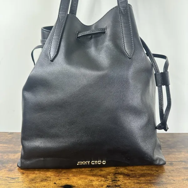 Jimmy Choo Bucket Drawstring Bag Womens Small Black Leather Shoulder Purse Italy - Image 2