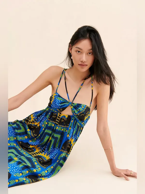 Antrhopologie Incerti midi dress small bandeau strappy blue black cat print - Image 9