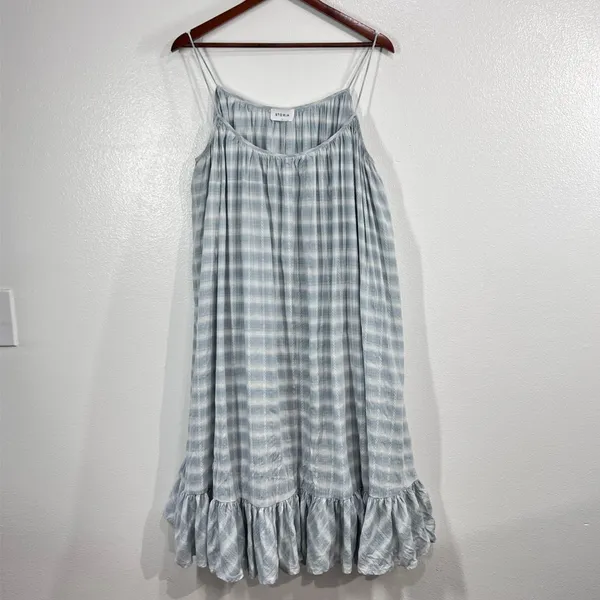 Storia Boho Cottagecore Plaid Ruffle Hem Sundress‎ Women Large Light Blue Cotton - Image 3