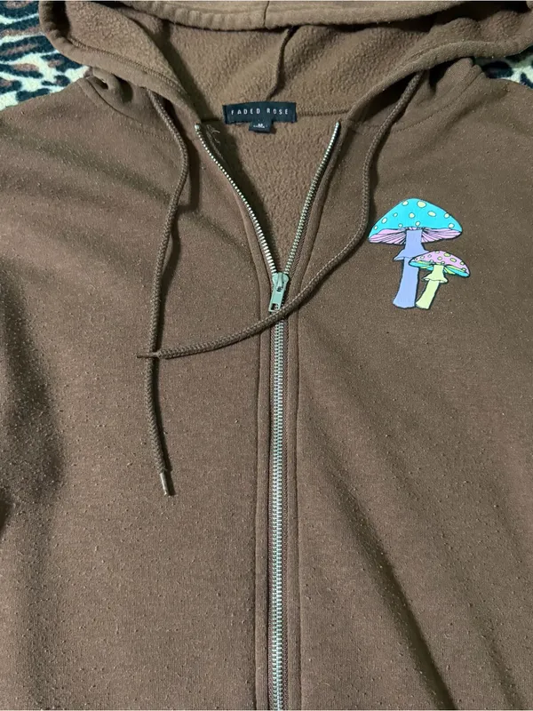 2000s style whimsical brown graphic oversized zip up hoodie w mushroom graphic - Image 10