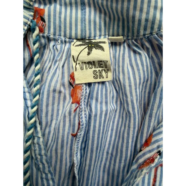 Violet Sky Flamingo Embroidered Tunic Blouse Small Blue White Stripe Cotton Boho - Image 5