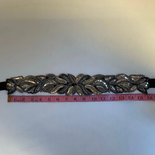 Silver Beaded Embroidered Boho Festival Floral Belt Elastic Sz 34 Waistband NWT - Image 5