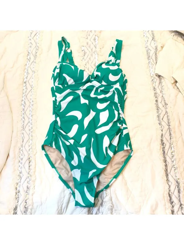 Shade & Shore NWT Women's One Piece Swimsuit Green White Leaf Shirred M (8/10) - Image 2