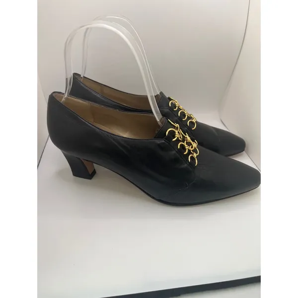 Vaneli Leather Pointed Toe Pump Gold Chain Link Women 7 Black Bridgenton‎ Style - Image 3