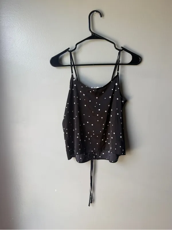 Pink Rose Black Star Print Satin Cami Tank Top Ruched Adjustable Front Tie Women’s M - Image 5