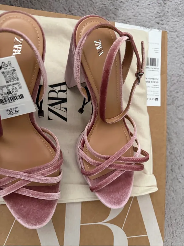 Zara Pink Velvet Platform Block Heel Sandals - Image 7