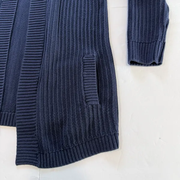 LL Bean Navy Blue Shaker Stitch Cotton Open Cardigan Sweater Pockets Size XL - Image 4