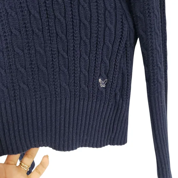 Vintage American Eagle Cable Knit Sweater Large Blue V Neck Preppy Y2K - Image 5