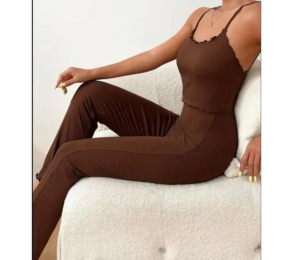 Solid Ribbed Pajama Set, Lettuce Trim Cami Top & Elastic Waistband Pants - Image 3
