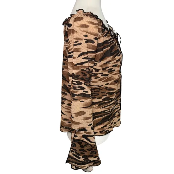 Y2K Jostar Brown Gold Animal Print Glitter V-Neck Bell‎ Sleeve Top USA Made M/L - Image 4