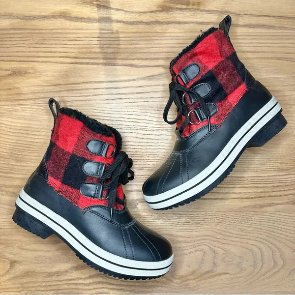 Madden Girl Chill Black and Red Buffalo Check Plaid Winter Rain Duck Boots - Image 9