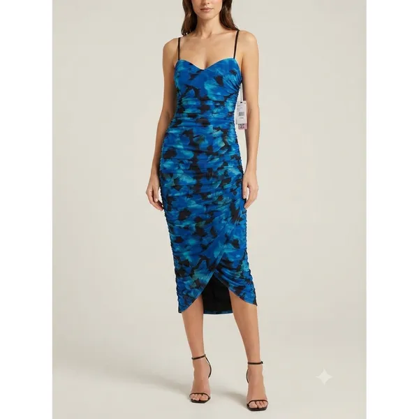 BCX Macys Dress Womens XS Blue Abstract Floral Ruched Mesh Midi Bodycon Slit - Image 3
