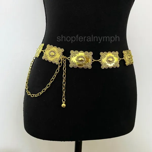 Gold Y2K Textured Rectangular Boho Chain Belt, Fits 23.5-43.5 Inches, X7GA1252 - Image 2