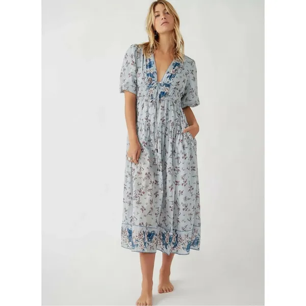Free People Bohemian Billowy Cottage Lysette Maxi Dress Periwinkle Floral Medium - Image 2