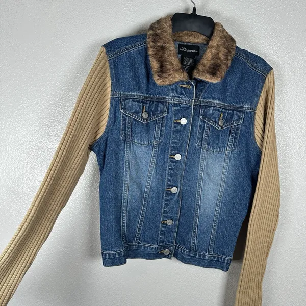 Y2K No Boundaries Fur Collar‎ Denim Jacket Sweater Ribbed 2000s Juniors Large - Image 2