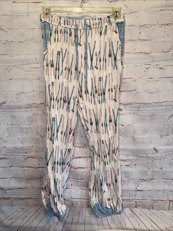 Munki Munki Women’s Ski Print Button Front Pajama Top pants S White Blue Pink - Image 2