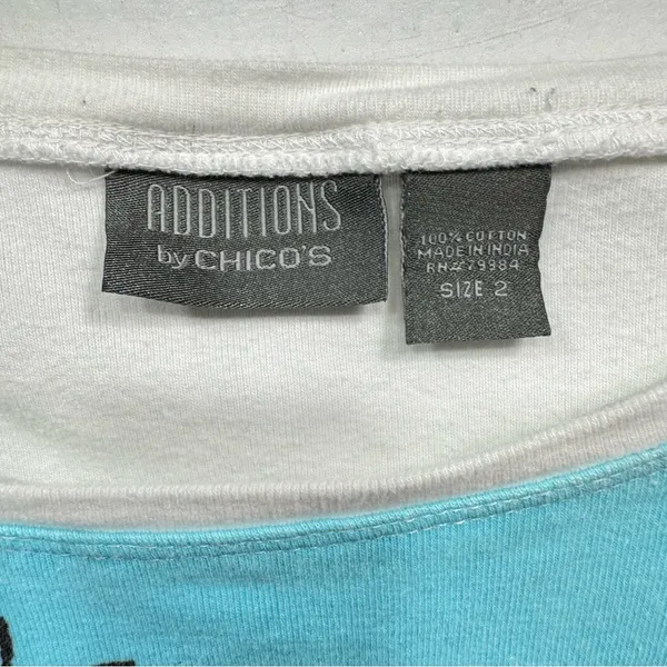 Chico’s Additions White with Teal & Black Flower 3/4 Sleeve 100% Cotton Top - Image 4