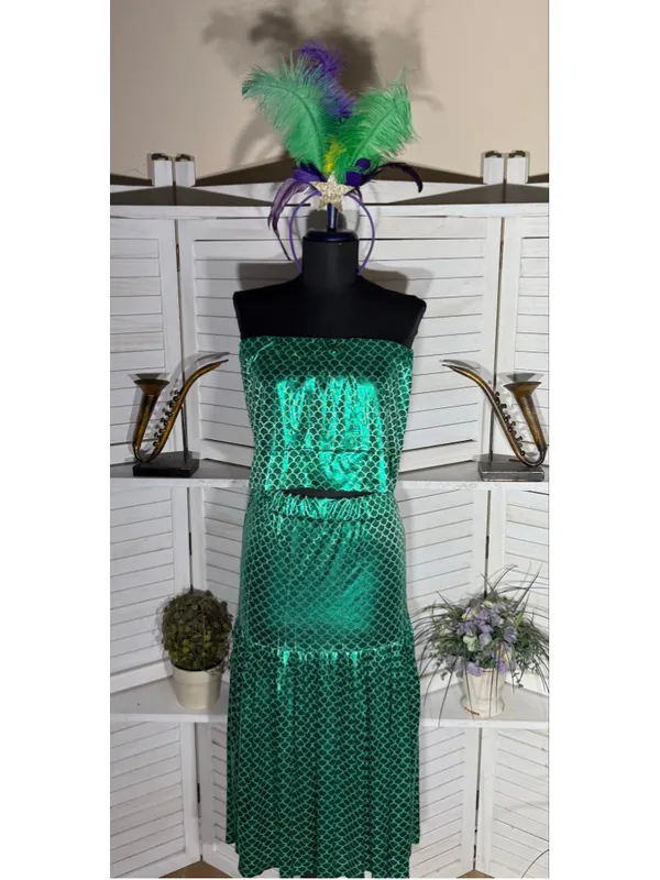 Vintage mermaid queen Halloween costume top bodysuit dress headband beaded L - Image 16