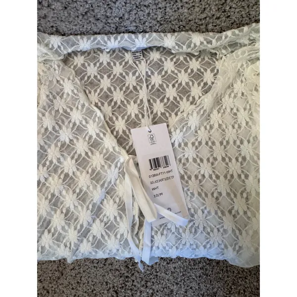 White Lace Tie Front Short Sleeve Cardigan Sheer Cropped Boho Top M/10‎ NWT - Image 4
