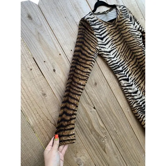 Grecerelle Tiger Print Bodycon Dress Size Small animal‎ long sleeve club summer - Image 3