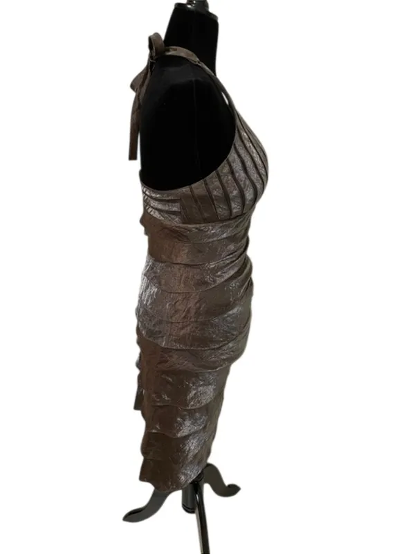 Caché Vintage Y2K Bronze Metallic Halter Dress Womens 8 Petal Tiered Midi - Image 4