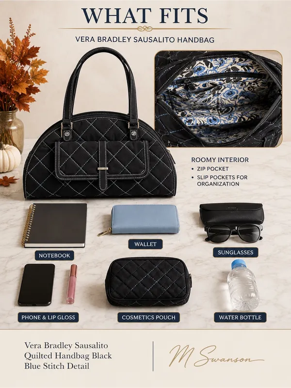 Vera Bradley Sausalito Quilted Handbag in Black Microfiber & Blue Stitch Detail - Image 6