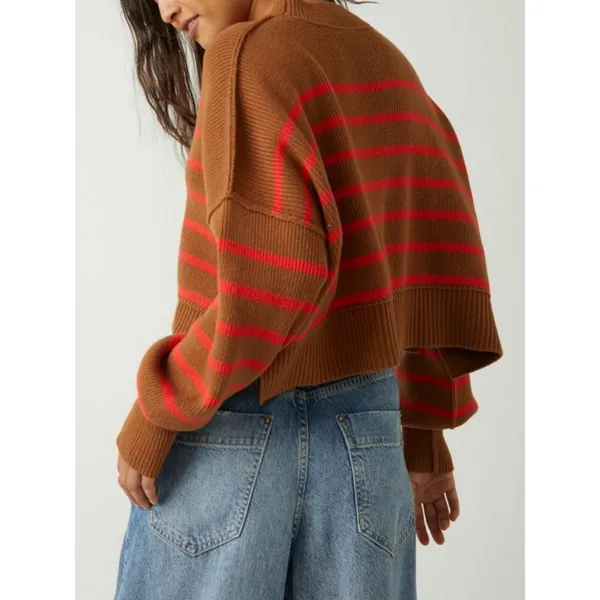Free People Easy Street Stripe Crop Pullover Sweater Brown Orange Medium - Image 5
