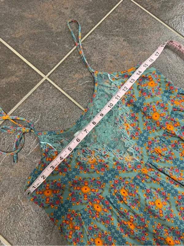 Natural Life Sleeveless Lace Inset Tiered Mini Dress Floral Teal Orange Medium - Image 9