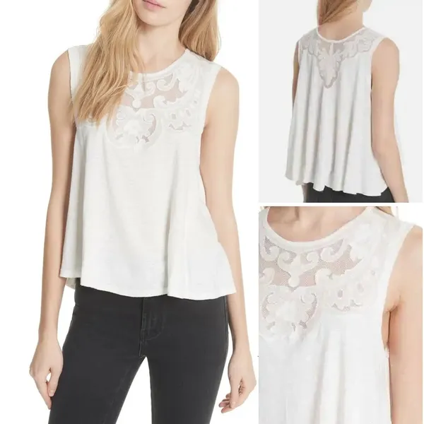 Free People Meant To Me Ivory Linen Blend‎ Lace Mesh Yoke Sleeveless Tank Top M - Image 2