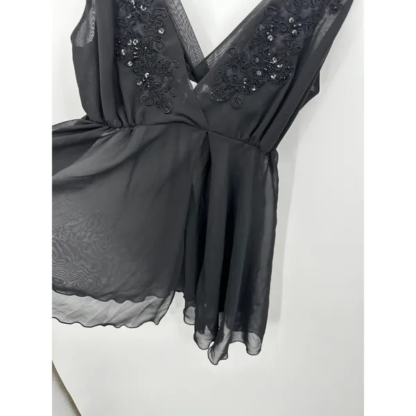 California Dynasty Vintage Black Sheer Embroidered Sequin Slip‎ Nightie Medium - Image 4