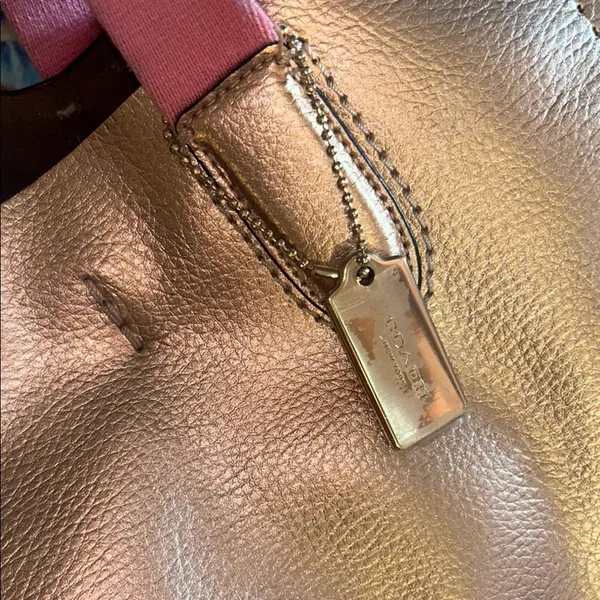 Coach Rose Gold Metallic Tote Bag with Pink Canvas Straps - Image 3