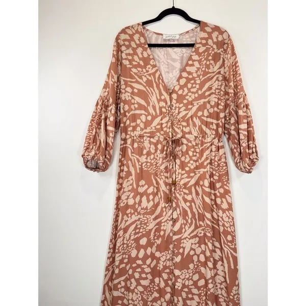 Petal & Pup Dress Brown Katerina Maxi V Neck Button Down Floral Boho Medium - Image 6