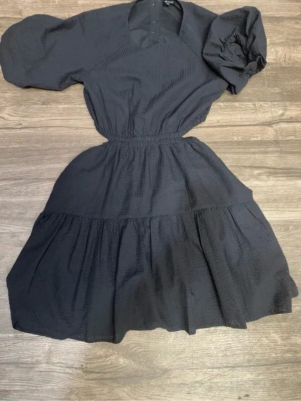 Madewell Black Textured Puff Sleeve Cutout Midi Dress Size Medium - Image 5