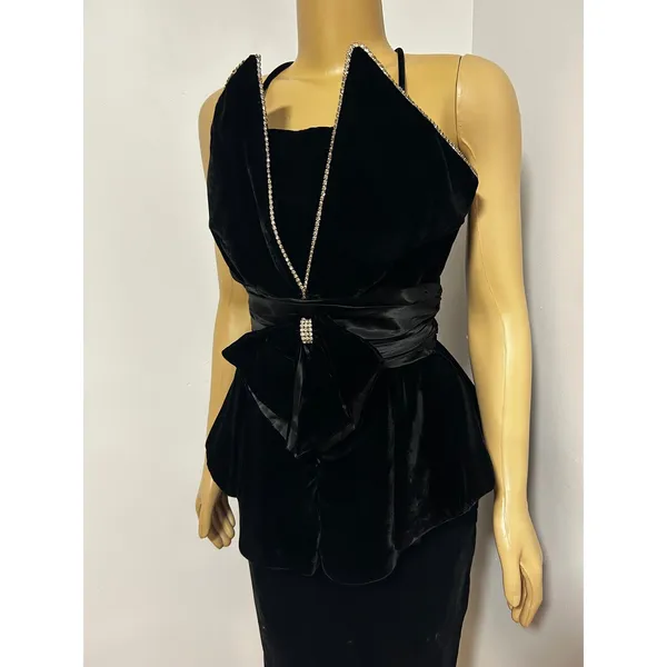Vintage Night Way Black Velvet Peplum Dress Rhinestone Bow Halter 80s Glam 12 - Image 2