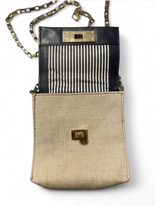 Kate‎ Spade Dark Navy Beige Fabric Crossbody Bag Gold Chain - Image 3