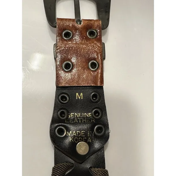Women's Medium Leather & Brass Belt 30” Total Length Braided Fabric Western Boho - Image 3