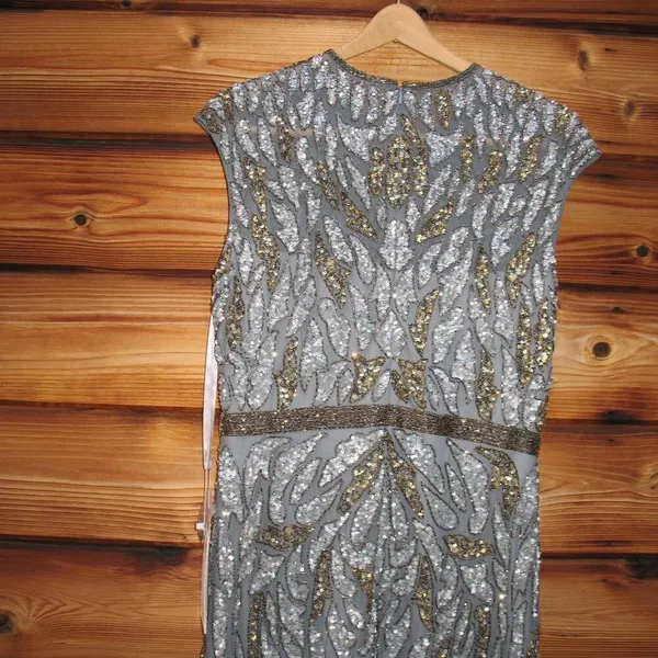 Mac Duggal Size 12 Silver Gray Gold Beaded Cap Sleeve Column Gown Maxi Dress - Image 12