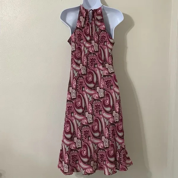 Vintage 90s Brown Pink Paisley Silk Fairycore Boho Artsy Sequin Midi Dress‎ Sz 6 - Image 3
