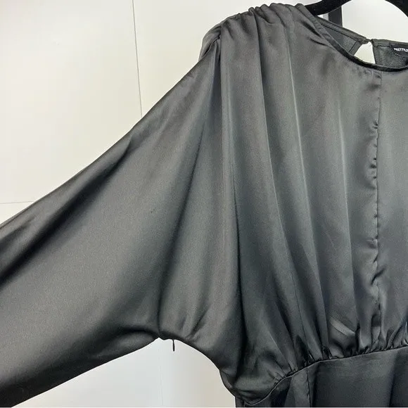 PrettyLittleThing High Slit Wrap Dress Womans 8 Black Satin Open Back Clubwear - Image 6