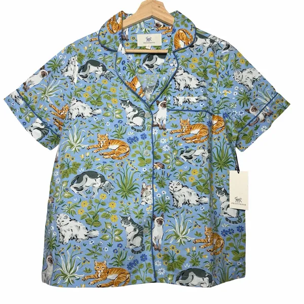 Printfresh Must Love Cats Pajama Set XS Blue Organic Cotton Top & Crop Pants NWT - Image 4