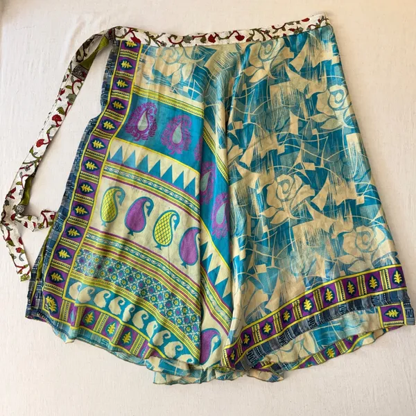 Reversible boho Silk Wrap Skirt Womens OS Turquoise Gold Floral Maxi - Image 9