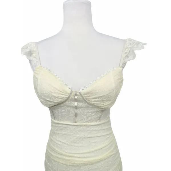 Windsor Lace Mini Dress Medium Cream Ruched Bodycon Bustier Coquette Romantic - Image 2