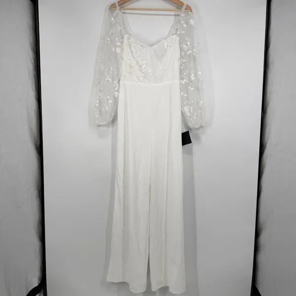 Lulus White Mesh Overlay Embroidered Jumpsuit Size M Bridal Bachelorette Wedding - Image 3