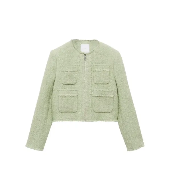 MNG Mango Italian Wool Tweed Jacket Light Green Cropped Zip ENA 77046358 XXL NEW - Image 4